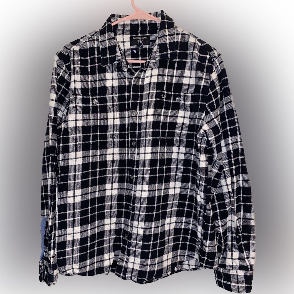 True Religion Tartan Plaid Cotton Flannel Button Down Long Sleeve Size Large